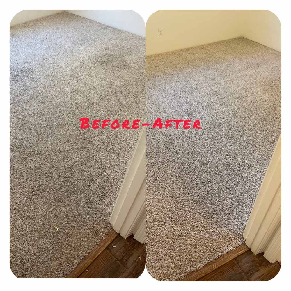 A before and after photo of a carpet in a room