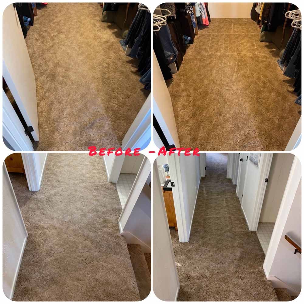 A before and after photo of a carpeted hallway.