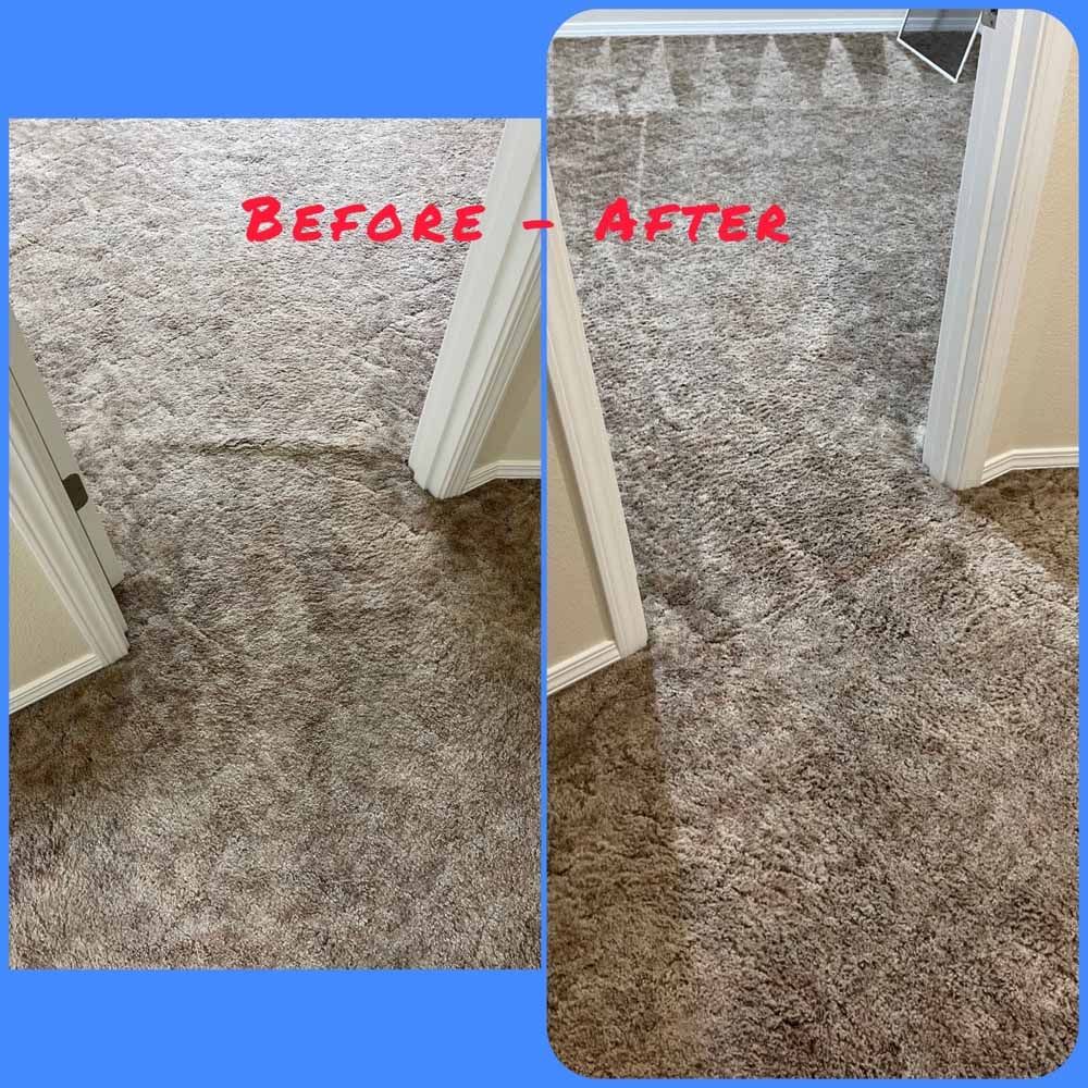 A before and after photo of a carpet in a room.