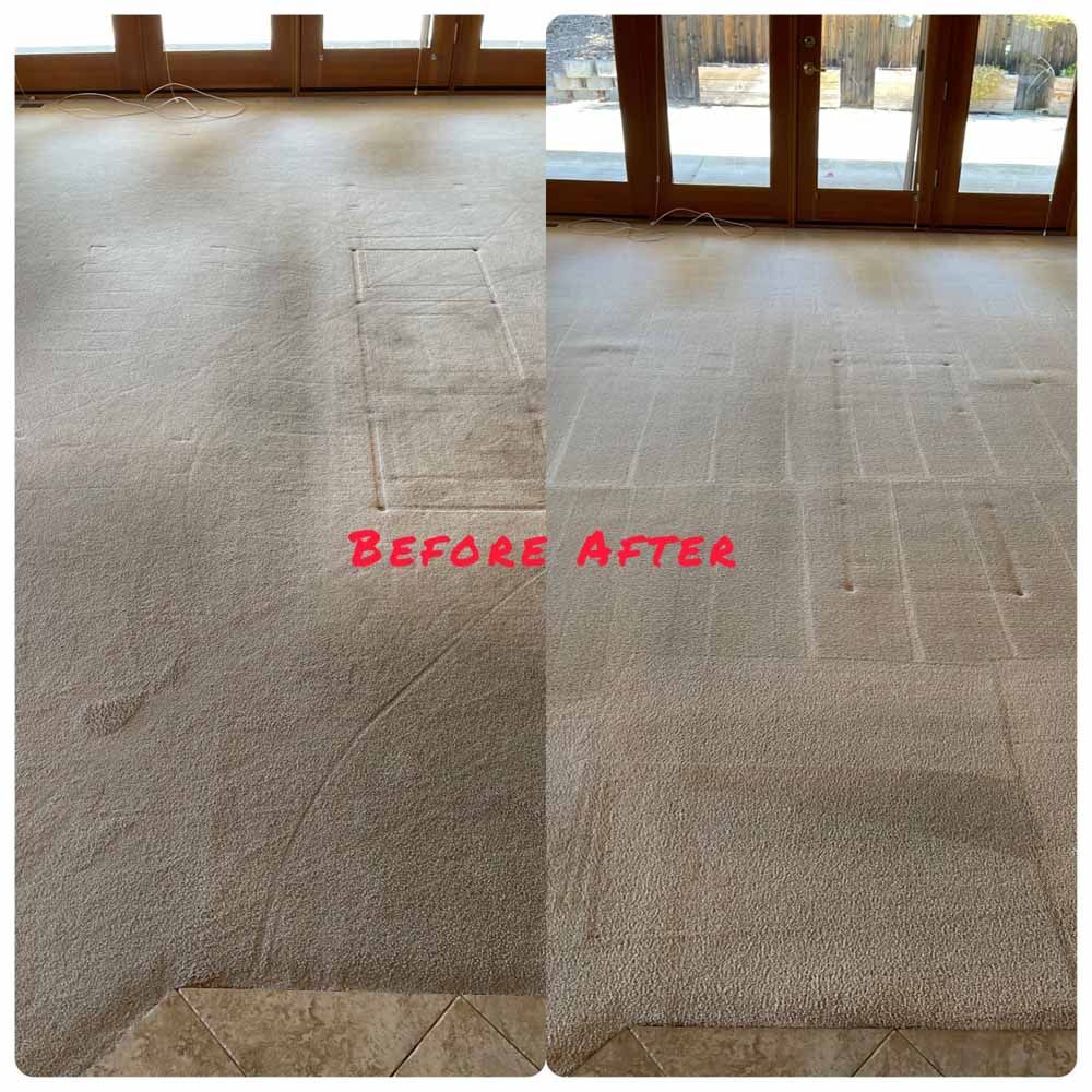 A before and after photo of a carpet being cleaned.
