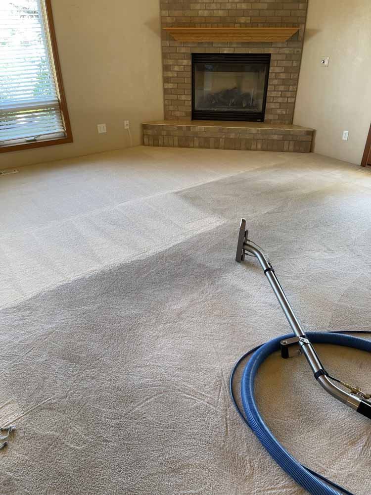 A vacuum cleaner is sitting on a carpet in a living room next to a fireplace.