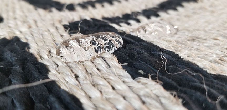 Small speckled seashell on a black-and-white woven fabric close-up