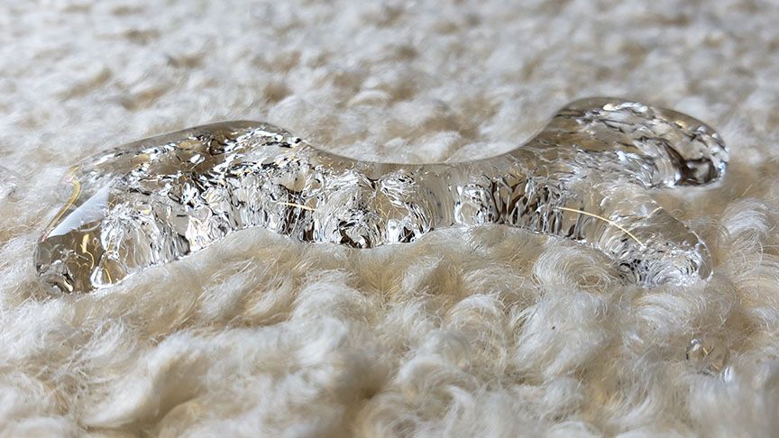 Clear glass dog figurine on a fluffy white blanket