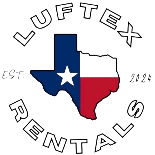 Logo for Luftex Rentals with the Texas state flag shaped like the state, reading "Est. 2024" on the sides.