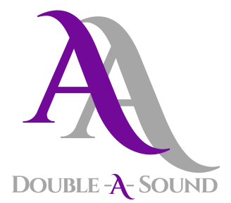 Logo for Double A Sound. Two As on a white background, one A is purple and the other is grey. 