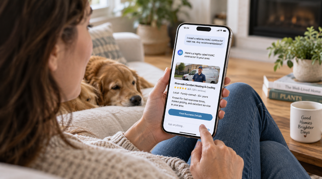 Homeowner on a couch using an AI assistant on her phone to find a recommended local HVAC contractor.