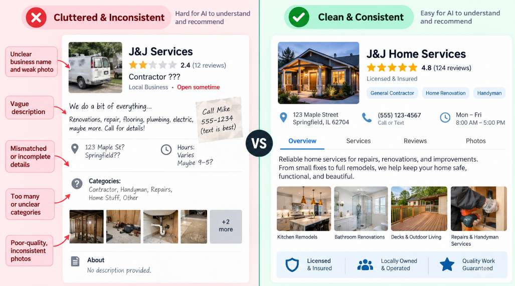 Side-by-side comparison of a cluttered, inconsistent business listing versus a clean, consistent listing that AI can easily recommend