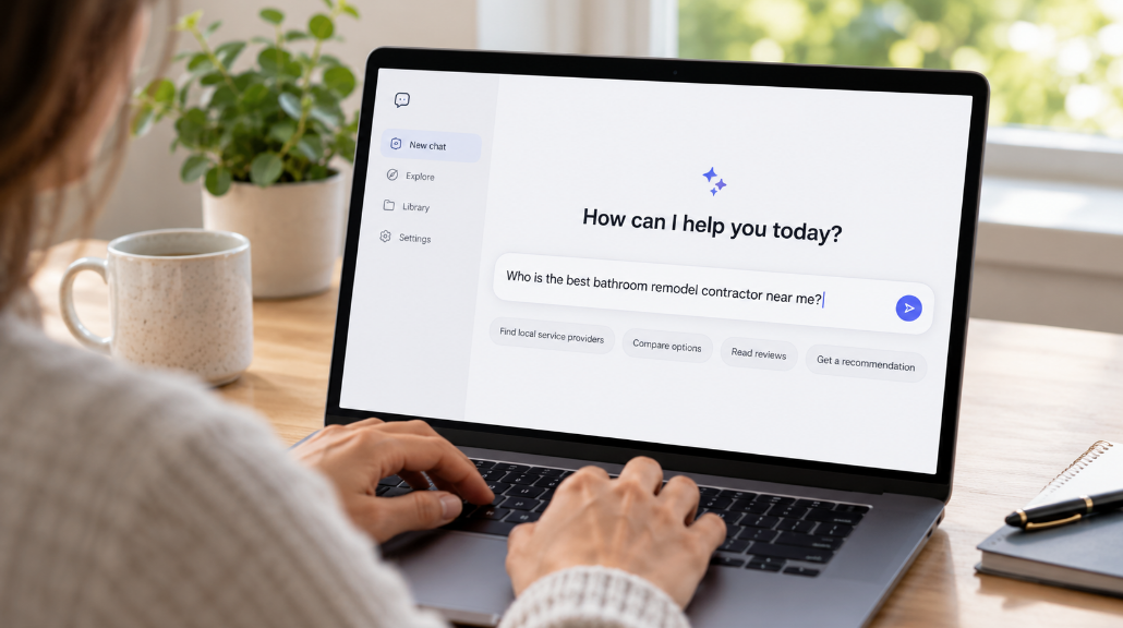 Person typing a question asking for the best local bathroom remodel contractor into an AI assistant on a laptop