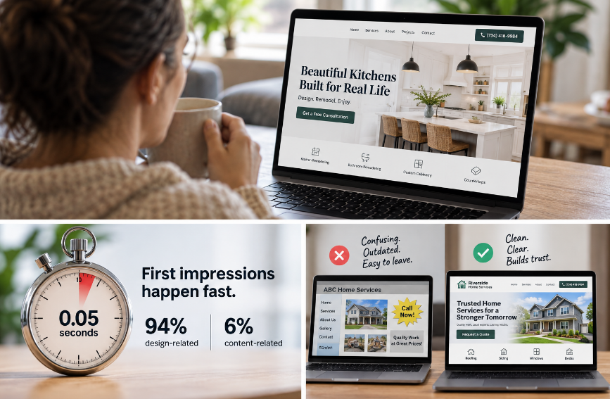Homeowner viewing a polished local remodeling company homepage on a laptop, illustrating the visual first impression a visitor forms before reading.