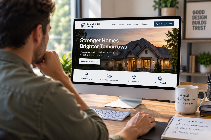Man reviewing a polished local home services website on a desktop computer, showing prominent service information, trust signals, and a request-a-quote button.