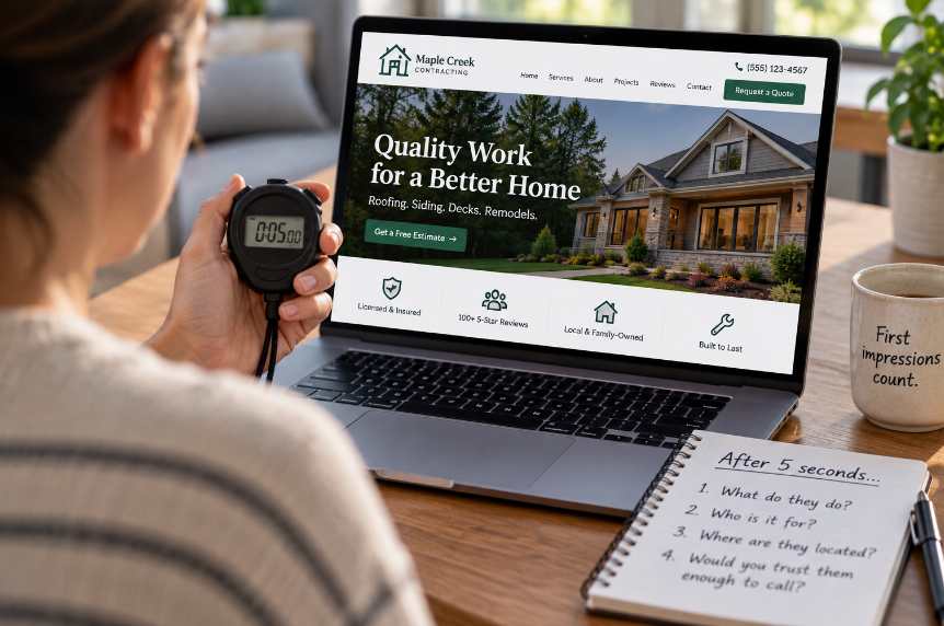 Person running a five-second test on a home services website using a stopwatch, with a notebook listing questions about what the company does, who it serves, where it is located, and whether it feels trustworthy.