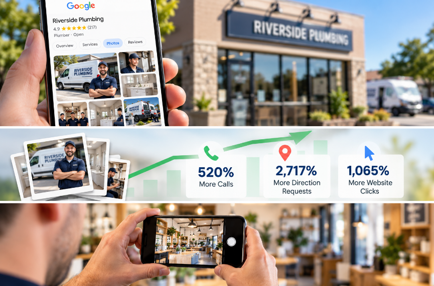 Customer viewing a photo-rich Google Business Profile for a local plumber, with stats showing 520% more calls, 2,717% more direction requests, and 1,065% more website clicks