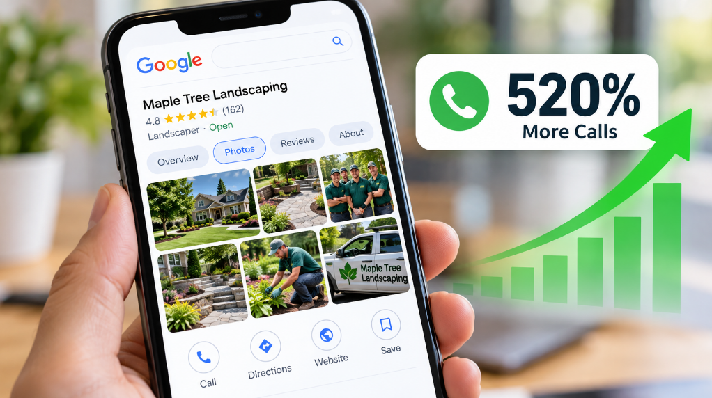 Smartphone showing a landscaping company's Google Business Profile photo gallery beside a chart highlighting 520% more calls