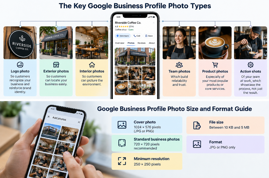 Guide to the key Google Business Profile photo types and Google's photo size and format requirements