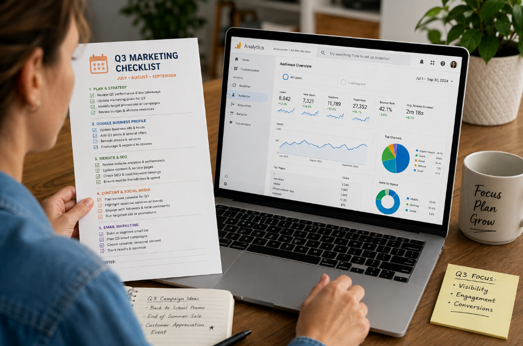 Small business owner reviewing a Q3 marketing checklist alongside Google Analytics performance data on a laptop.