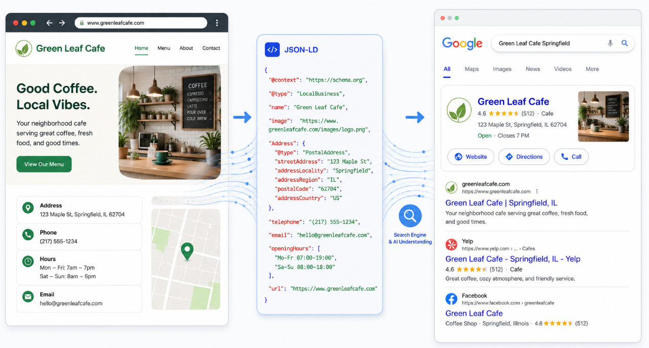A clean, simple visualization showing a local business website on one side and a search engine result page on the other, with structured data code (JSON-LD) flowing between them as the connecting layer that helps AI understand the business.