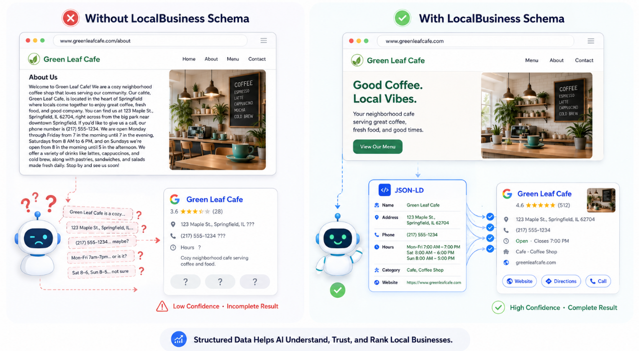 A side-by-side comparison illustration showing how a search engine reads a website without LocalBusiness schema markup (a confused robot parsing messy paragraphs) versus a website with proper structured data (a clear, labeled data card with name, address, phone, hours), illustrating why structured data improves AI trust and local rankings.