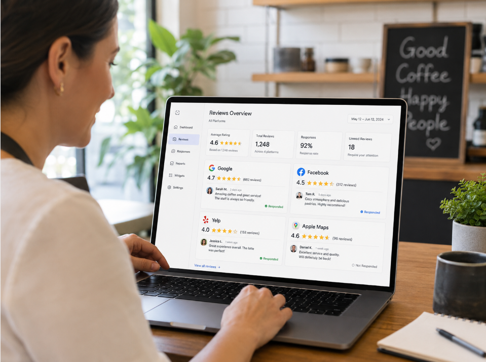A local business owner at a laptop viewing a dashboard that aggregates reviews from Google, Facebook, Yelp, and Apple Maps in one place, illustrating a centralized multi-platform review management approach.