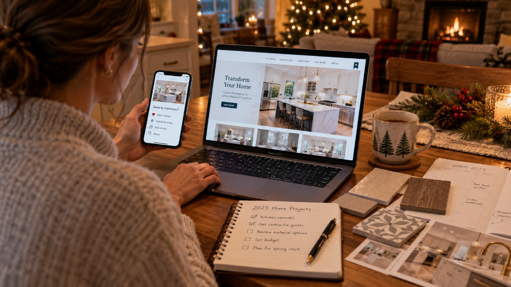 Homeowner researching a kitchen remodel on a laptop and phone at a holiday-decorated table, with a notebook listing next year's home projects