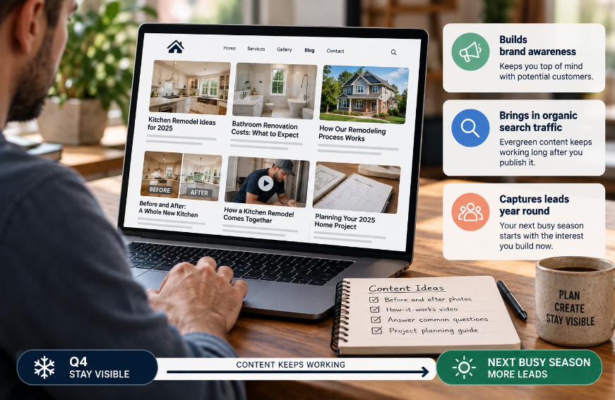 Person browsing a remodeling company's blog on a laptop, with callouts showing how evergreen content builds brand awareness, organic search traffic, and year-round leads