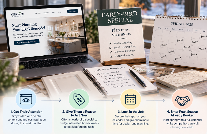 Early-bird special sign, spring booking calendar, and four-step graphic showing how off-season interest turns into booked jobs