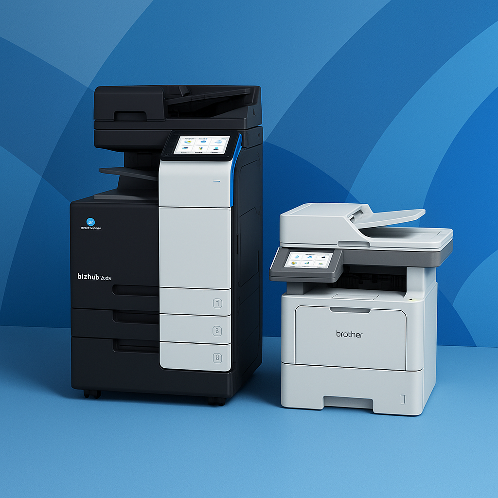 Dos impresoras multifunción de oficina, una en blanco y negro y otra en blanco, sobre un fondo azul.