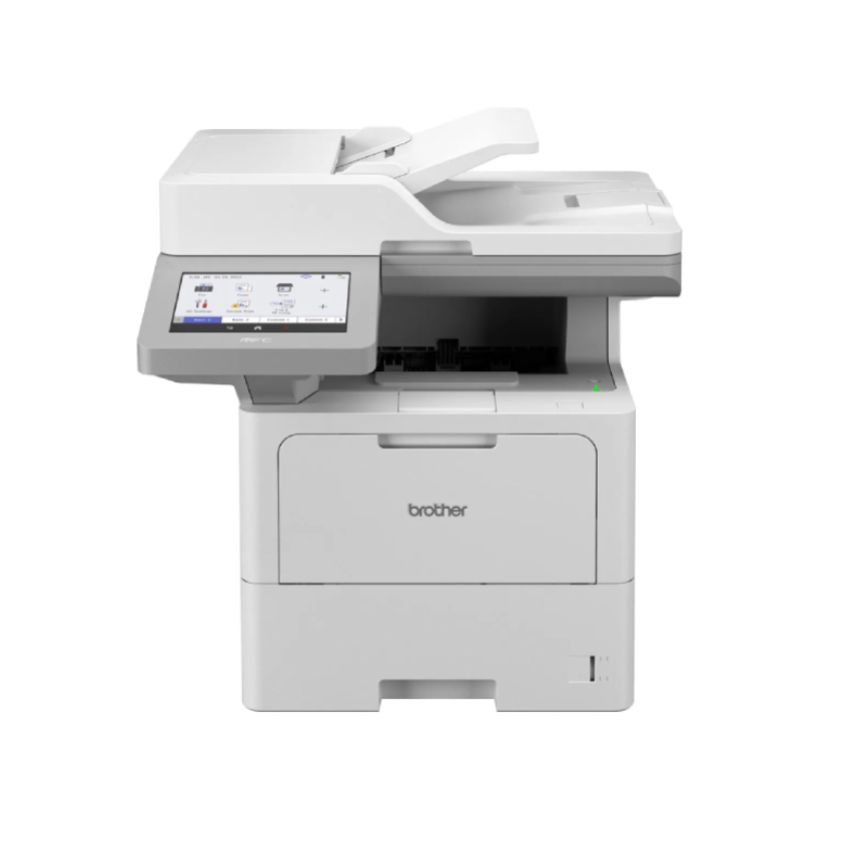 Impresora multifunción Brother blanca con pantalla táctil y alimentador automático de documentos.