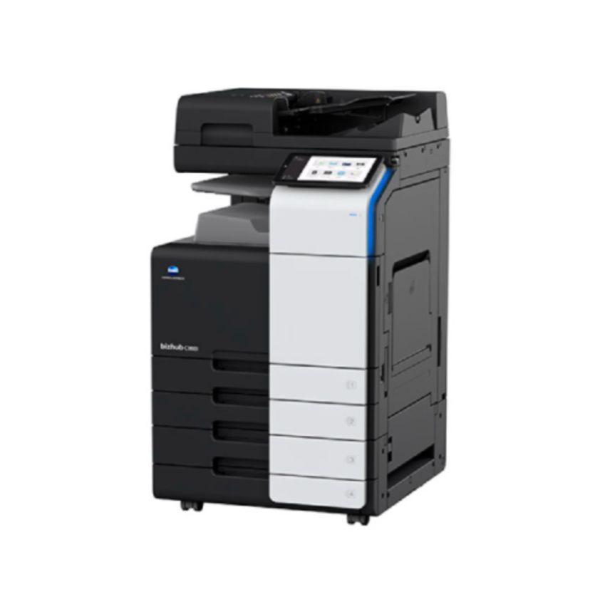Impresora multifunción en blanco y negro para oficina con panel de control táctil.