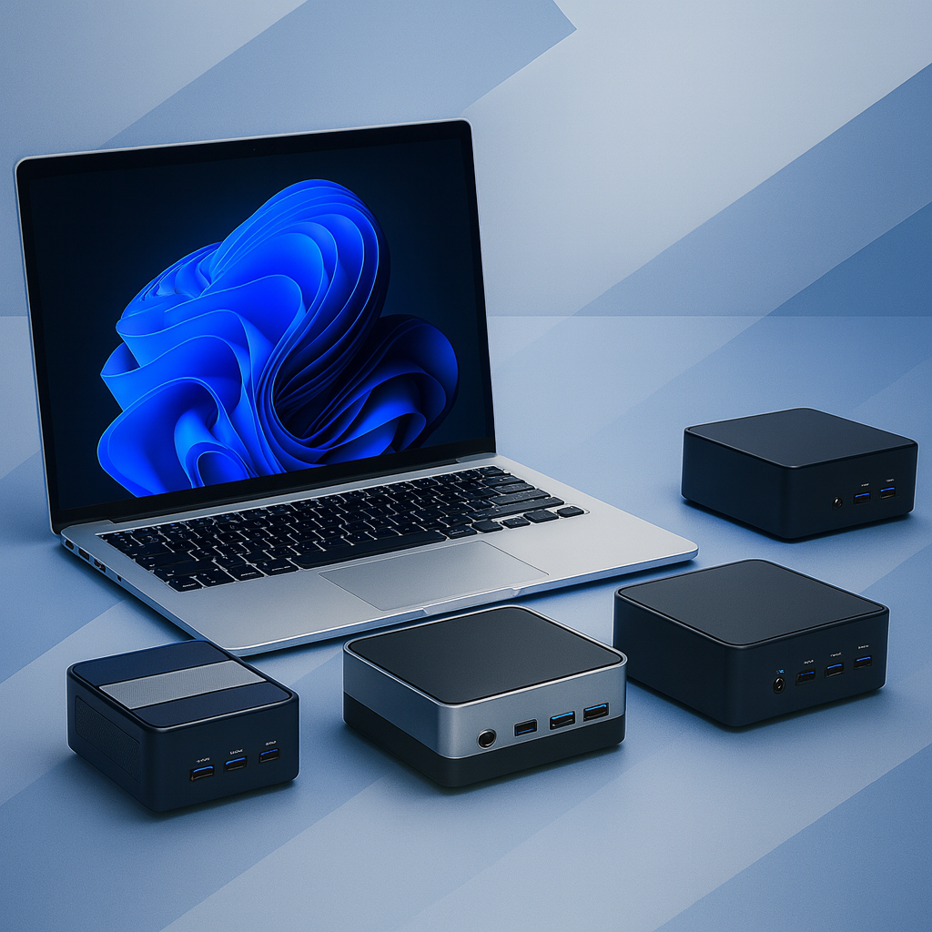 Ordenador portátil con pantalla Windows 11 y cuatro pequeños ordenadores de sobremesa