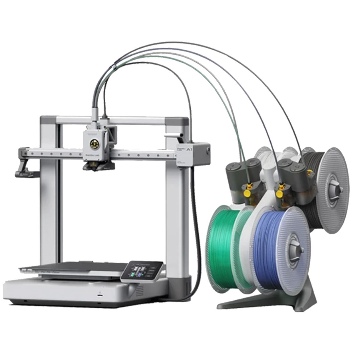 Impresora 3D Bambu Lab A1 Combo con bobinas de filamento multicolor sobre un fondo gris.
