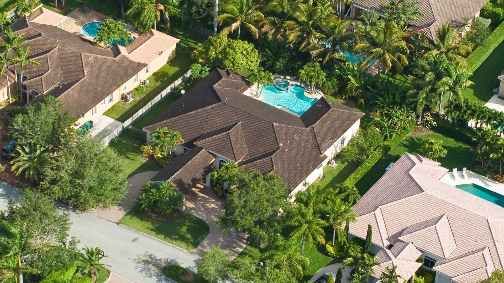 Aerial view of a residential neighborhood with several homes, lush trees, and backyard swimming pools.