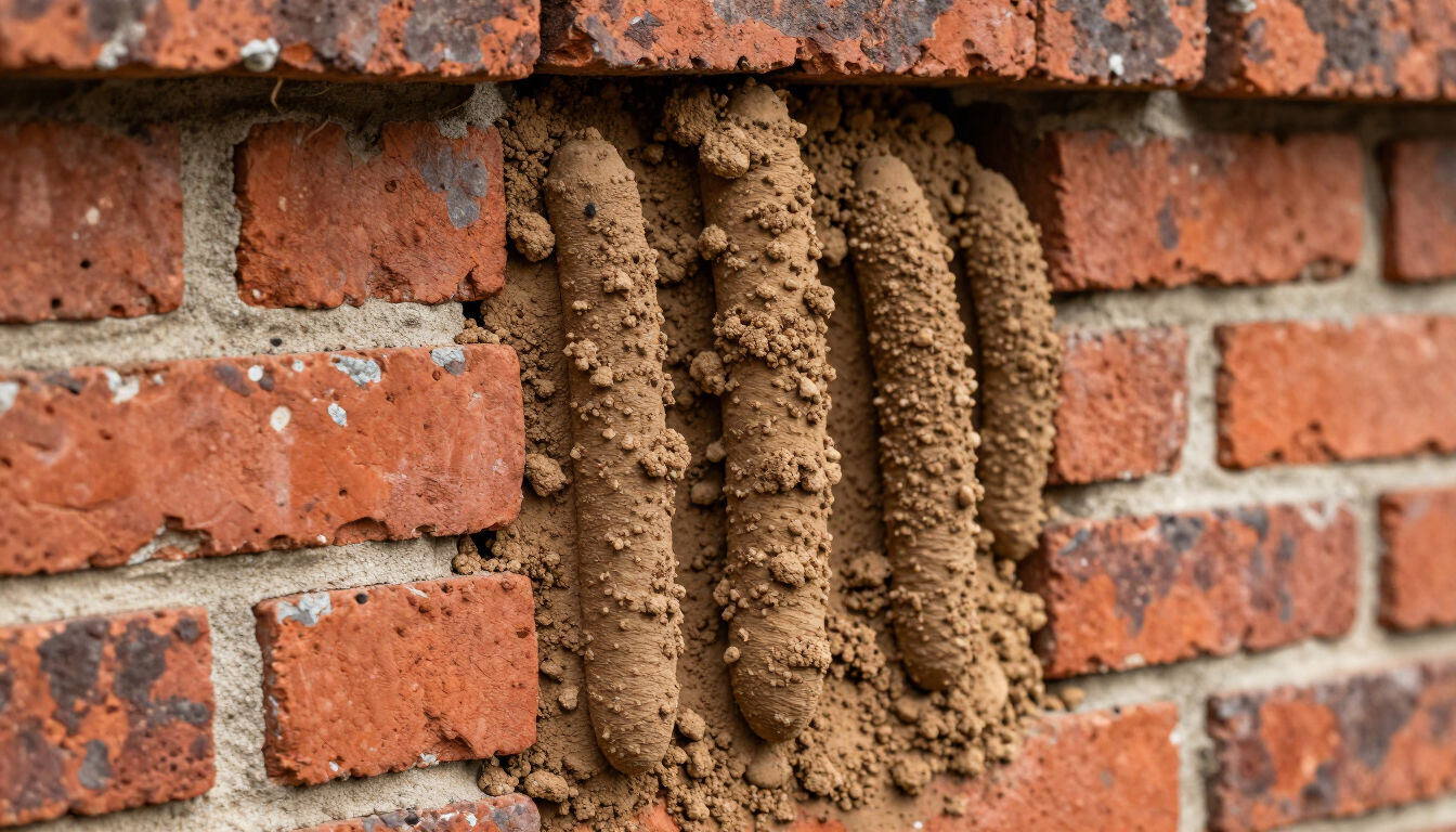 A close up of termite mud tubes on a building foundation.