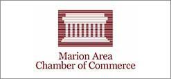 Marion Area Chamber of Commerce logo with maroon column emblem and text on white background