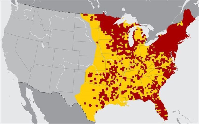 Map of the eastern and central U.S. with red and yellow shaded regions highlighting a geographic spread
