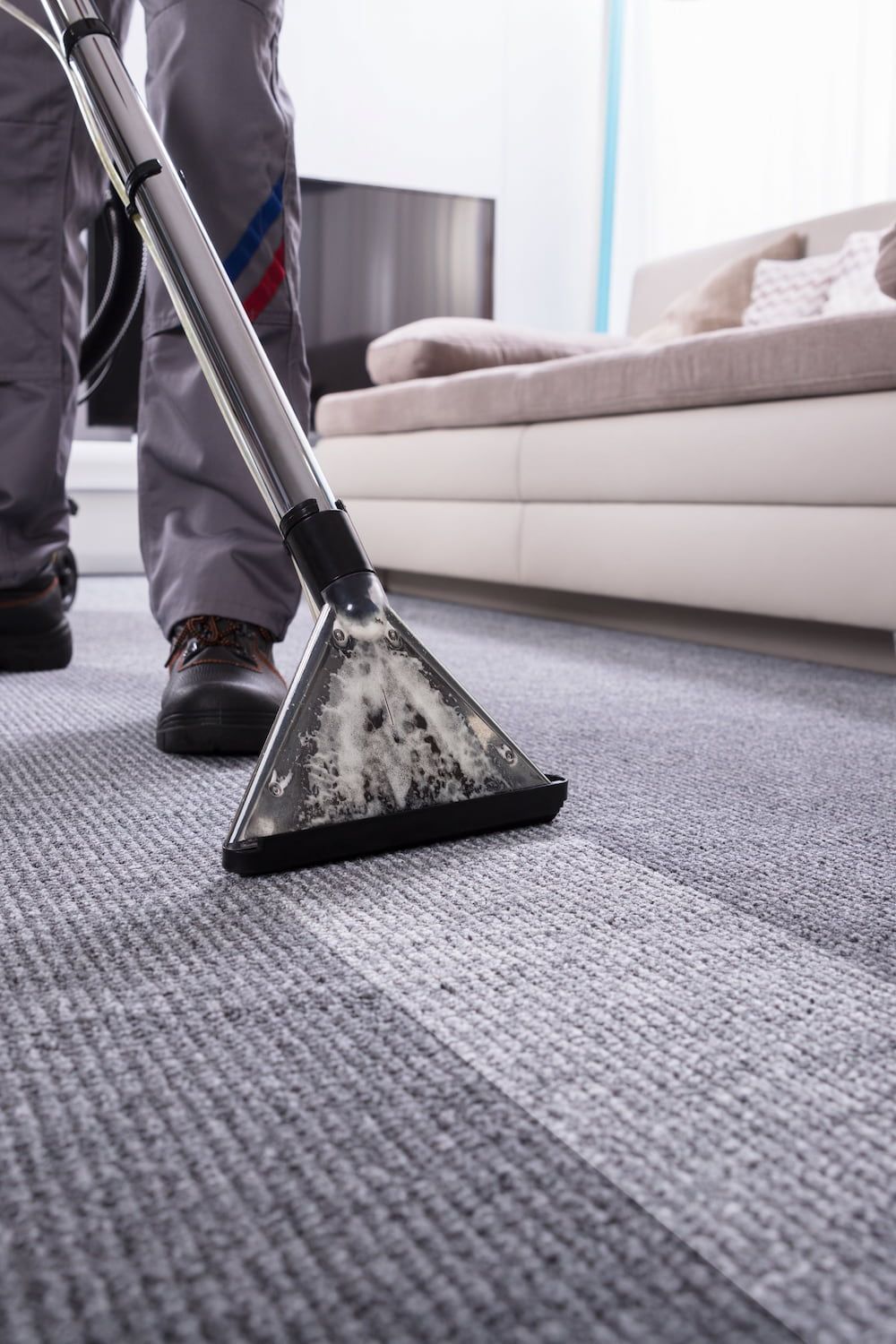 Person cleaning a grey carpet with a carpet cleaner. — Great Lakes Carpet Cleaning & Restoration In Wingham, NSW
