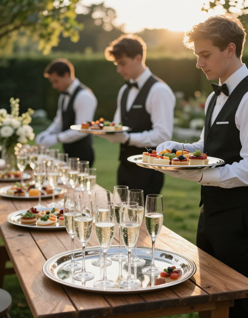 Camerieri in gilet nero portano antipasti e champagne a un tavolo allestito per un ricevimento all'aperto.