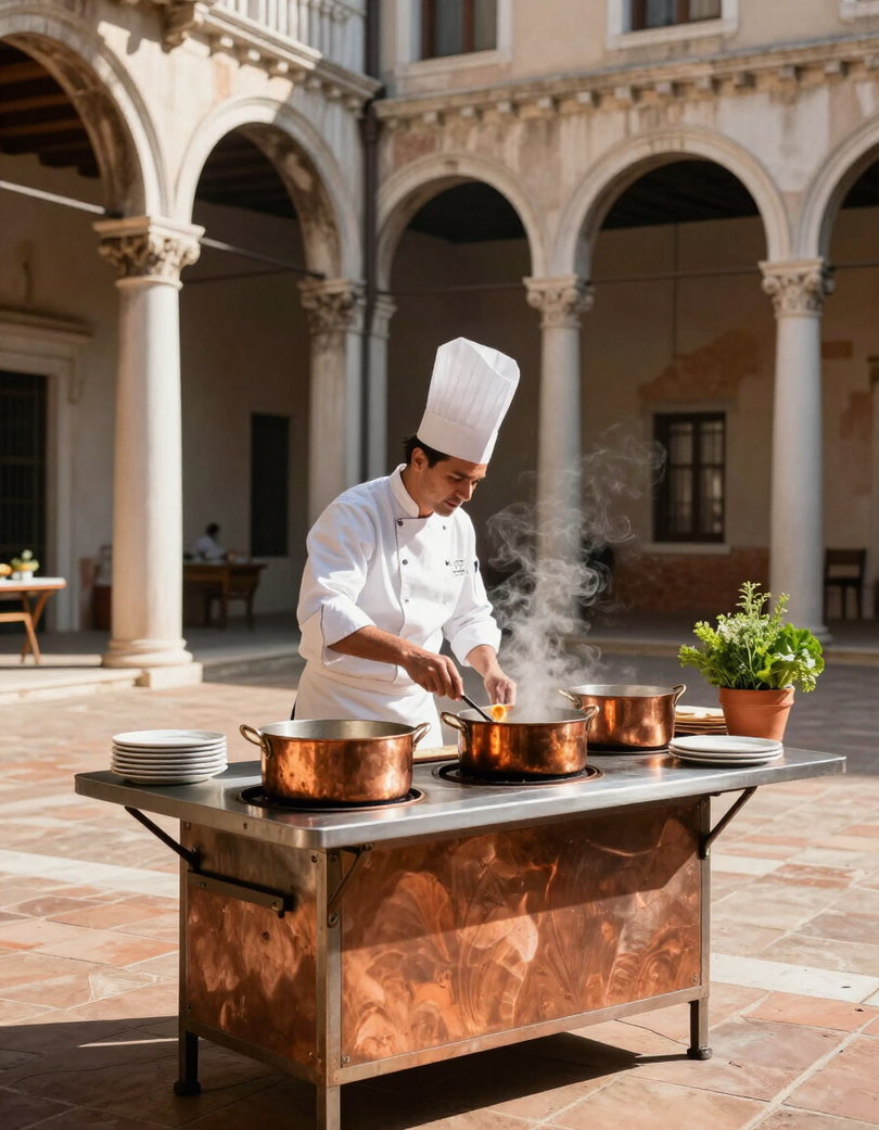 Lo chef con il cappello bianco cucina a una postazione di rame in un cortile con colonnati ad arco, con il vapore che sale dalle pentole.