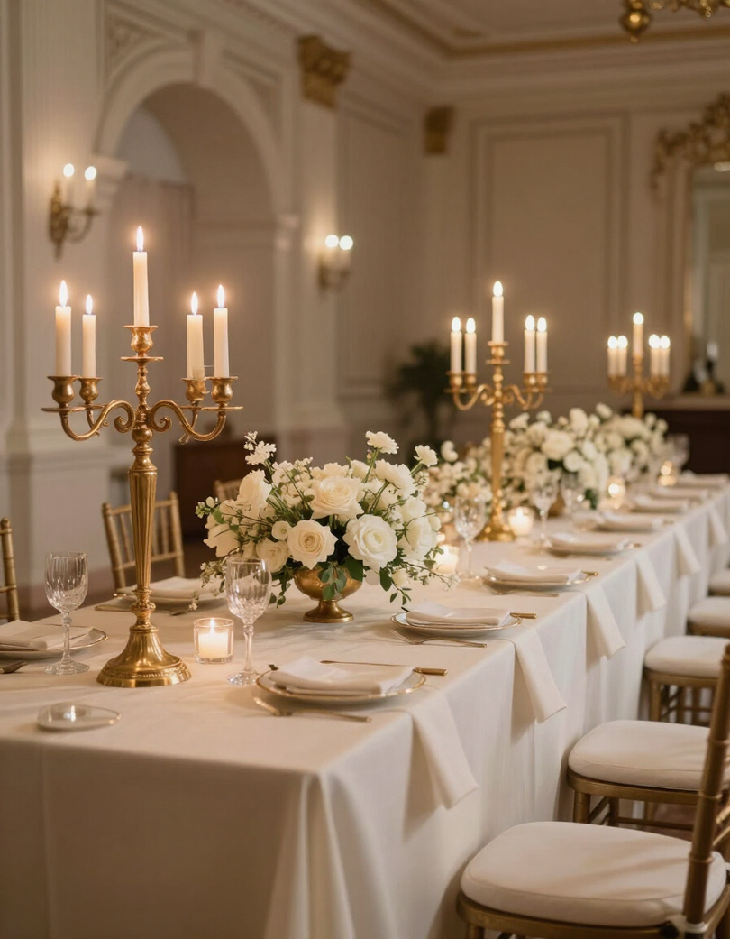 Elegante tavolo da banchetto con tovaglie bianche, candelabri dorati e centrotavola floreali color crema in una sala formale.
