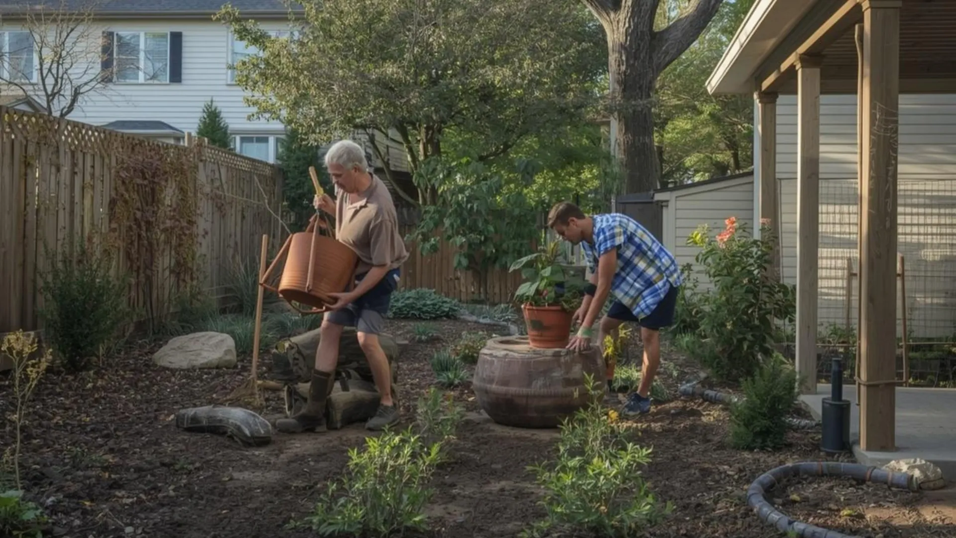 Person bending incorrectly while gardening showing poor posture that can lead to lower back injury