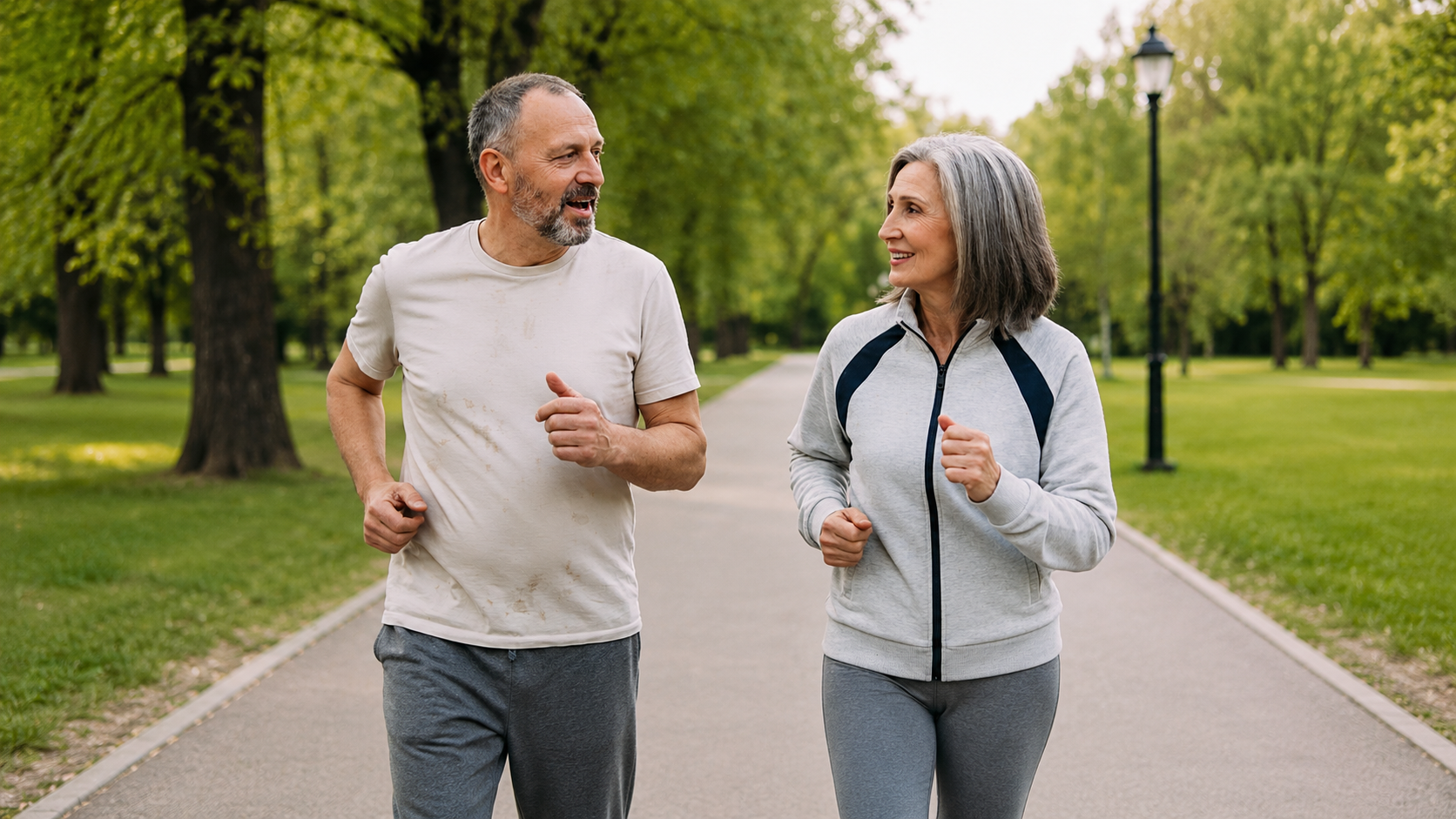 Two adults walk side by side on a tree-lined path, mid-conversation, showing the talk-test pace of zone 2.