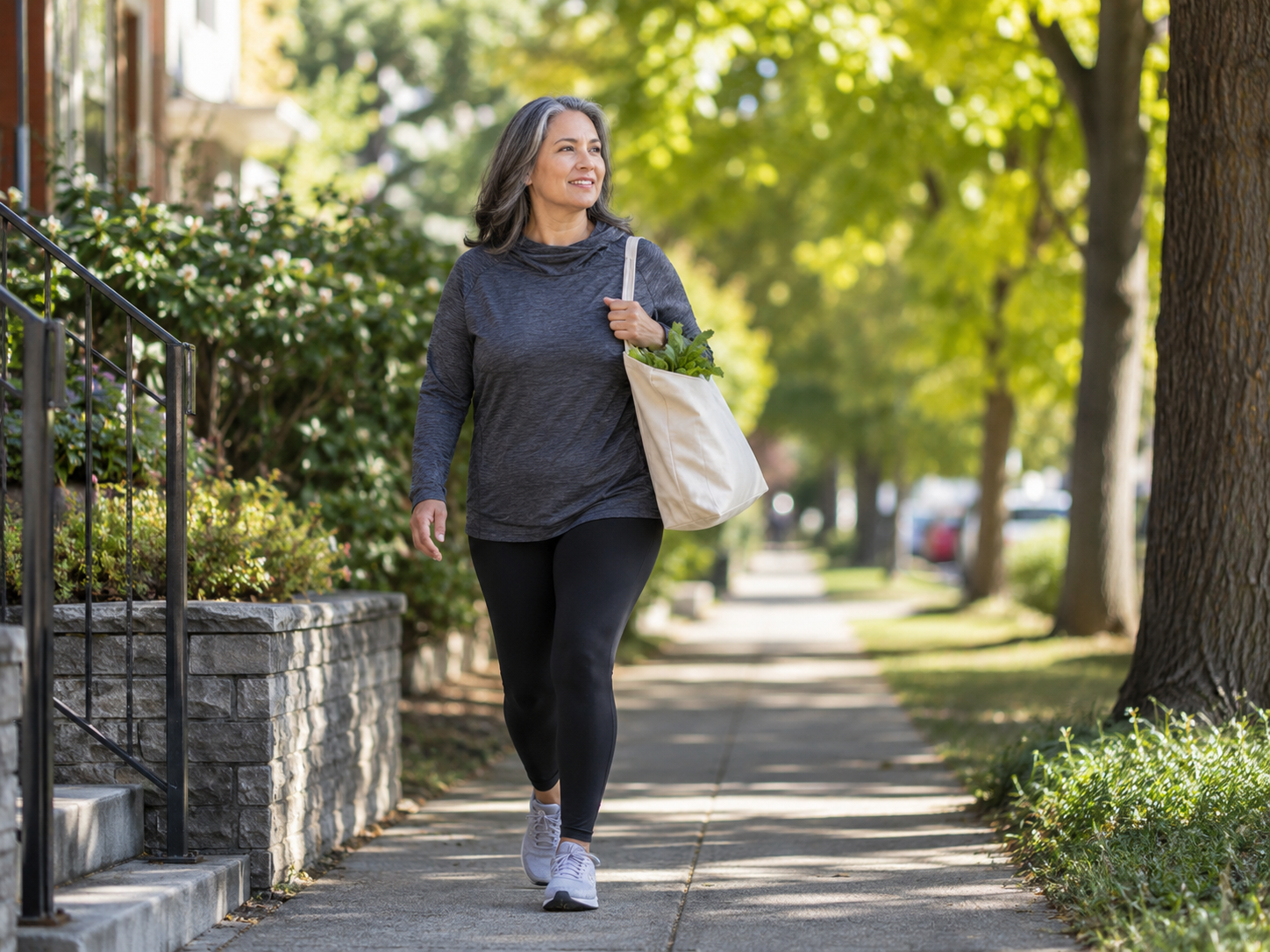 Woman walking outdoors with a tote bag as part of a back pain capacity plan.