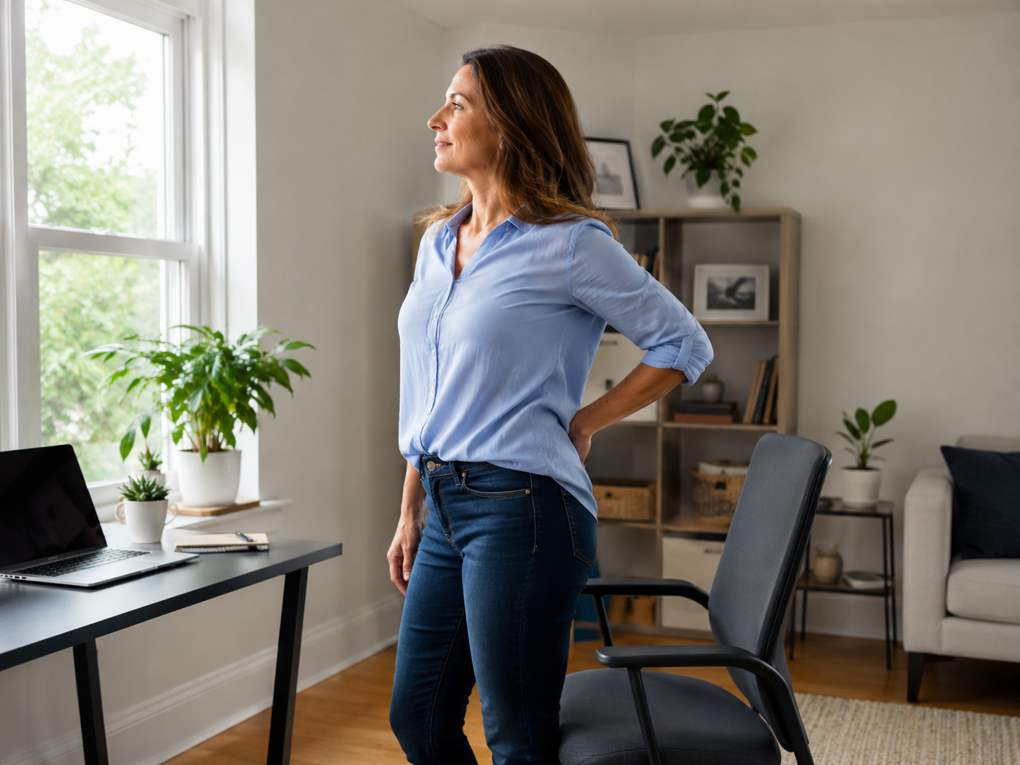 Woman taking a standing break from a desk to reduce sitting demand on her back.