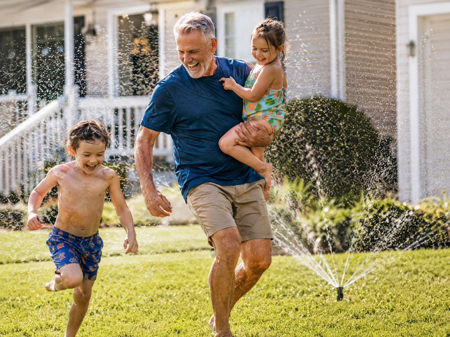 Grandfather playing in sprinklers with his grandchildren in a sunny front yard, showing active family movement and everyday functional fitness.