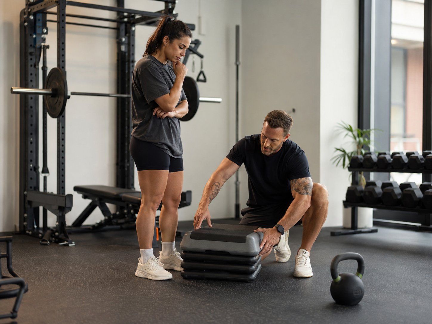 Coach adjusting a step platform while a client listens before the next exercise set.