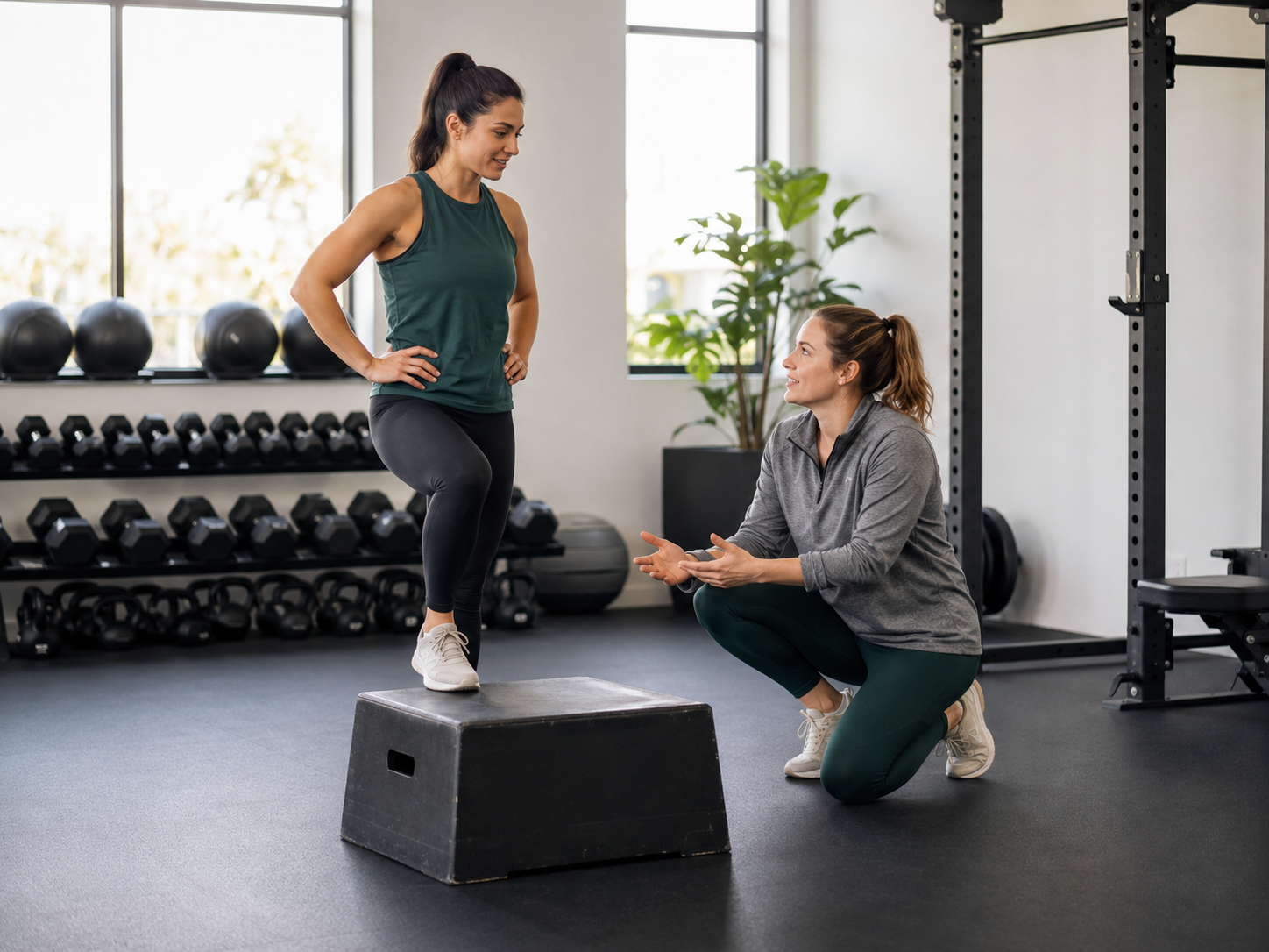 Coach talking with a client beside a low step during a modified training session.