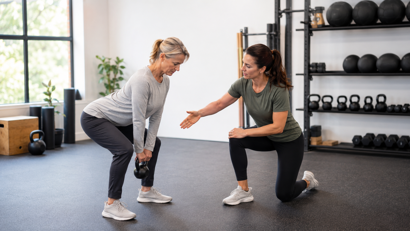 Coach teaching a controlled hip hinge to help a client rebuild back strength after physical therapy.