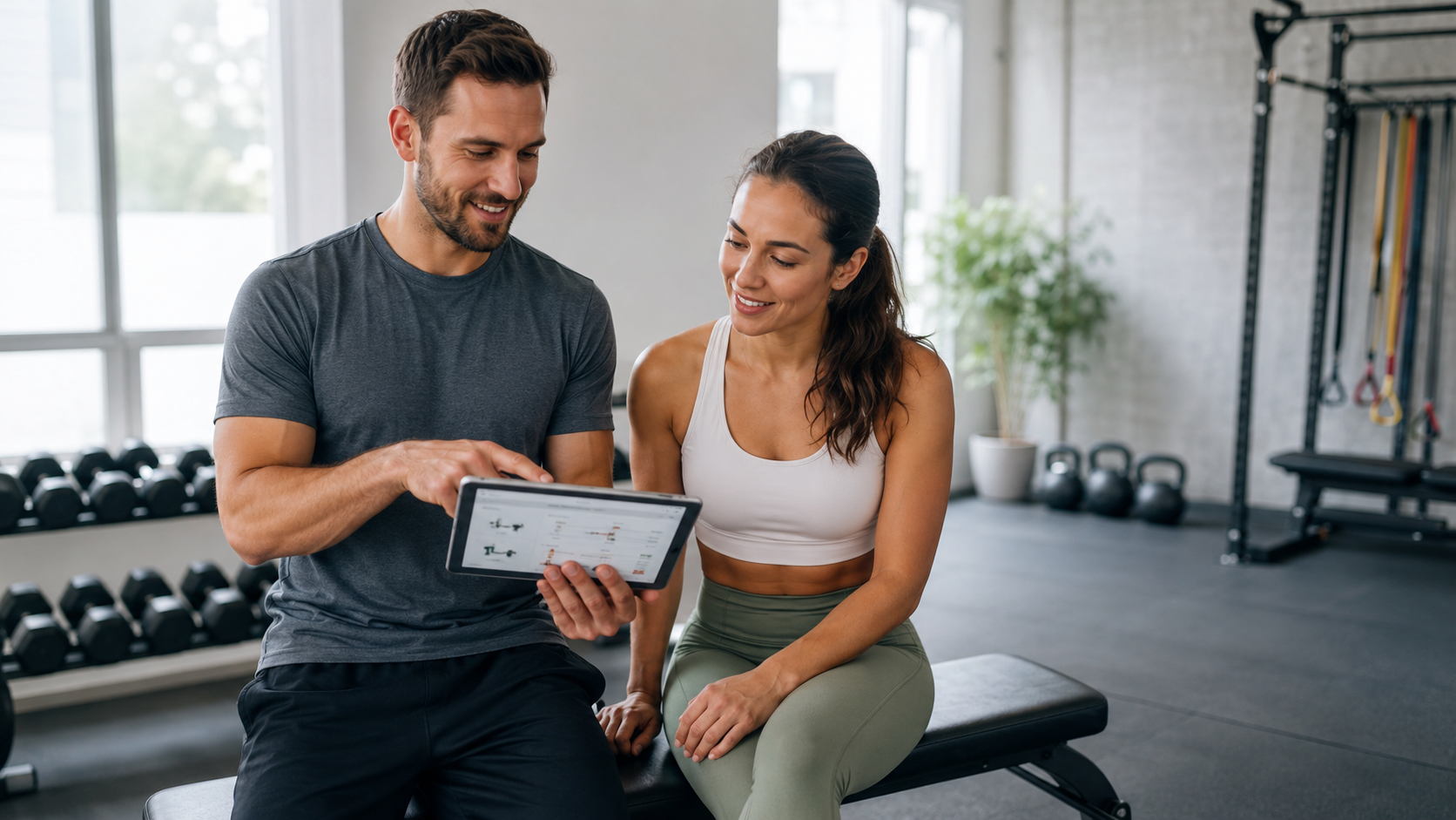 Coach and client reviewing a hybrid fitness plan on a tablet in a modern training studio.