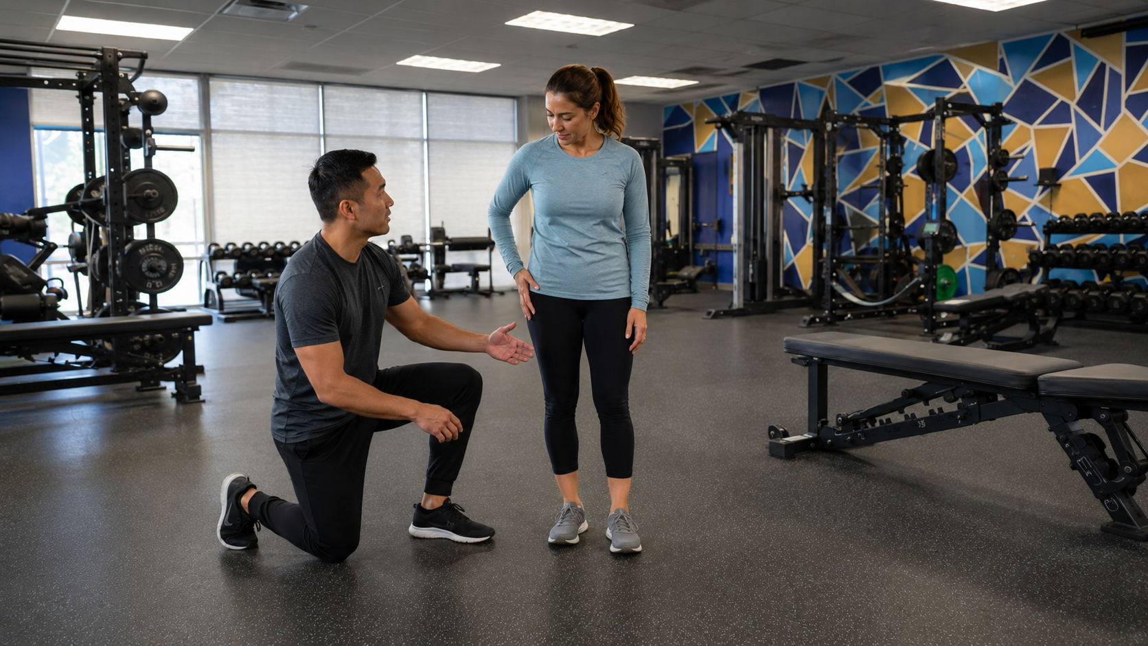 Coach helping a client choose gentle movement during a sciatica flare-up in a fitness studio.