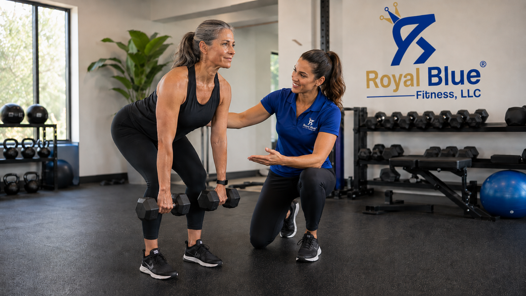 Trainer coaching a woman through strength training at Royal Blue Fitness studio in Pleasant Hill, CA