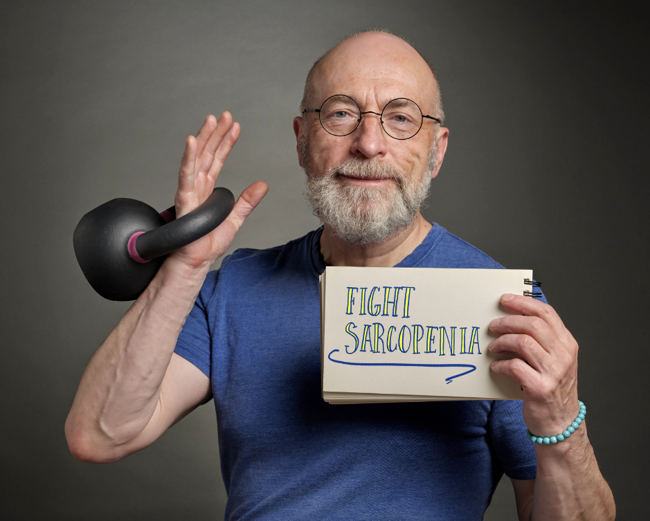 Senior man holding kettlebell for sarcopenia prevention